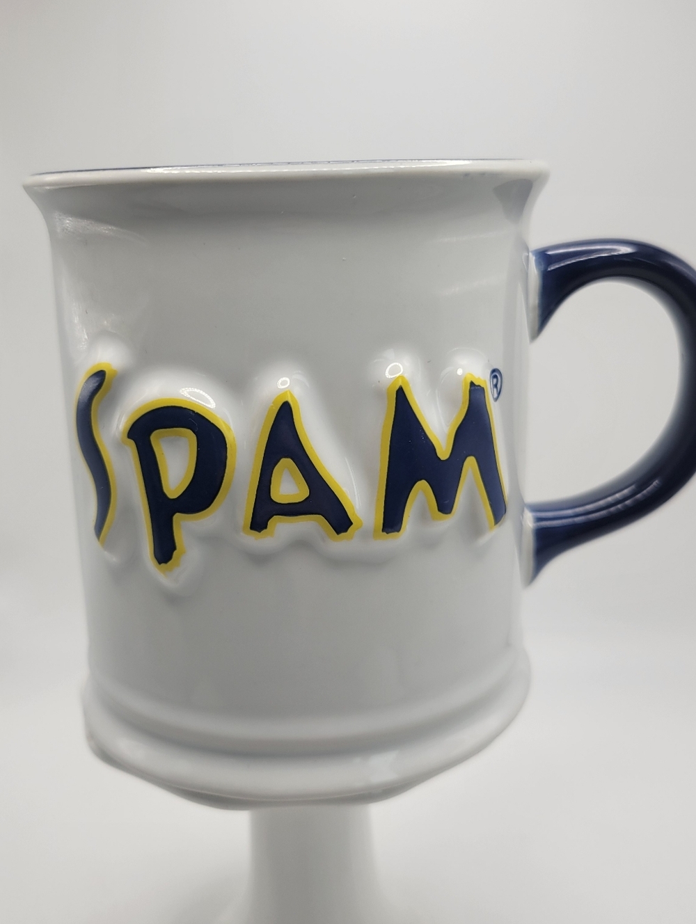SPAM 4" Modern Embossed Logo Coffee Mug White Blue Vintage Retro Style